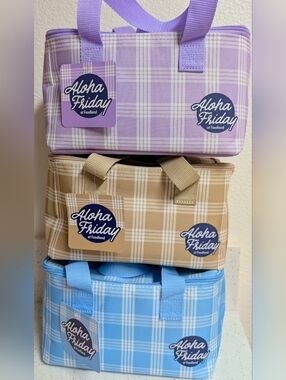 Foodland Hawaii Lavender, Blue, Tan Beige Palaka Cooler Bag (Set Of 3)